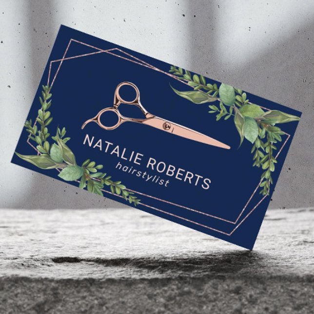 Stylist Rose Gold Geometric Greenery Navy Visitenkarte (Von Creator hochgeladen)