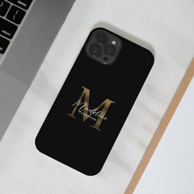 Stylist Script Metallic Black Gold Monogram Case-Mate iPhone Hülle (Von Creator hochgeladen)