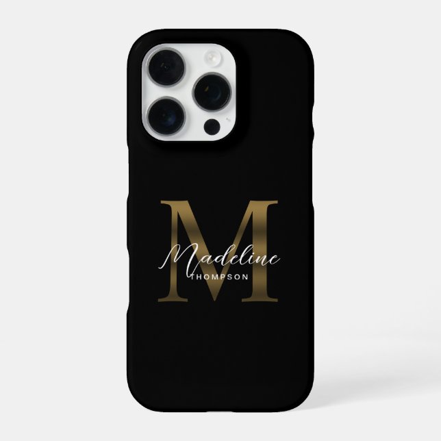 Stylist Script Metallic Black Gold Monogram iPhone Hülle (Rückseite)