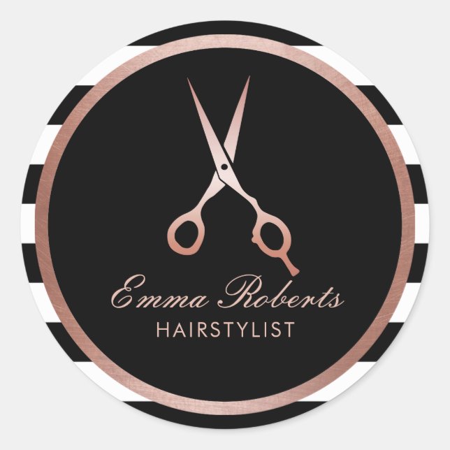 Stylistische Rose Gold Schere Moderne Streifen Runder Aufkleber (Vorderseite)