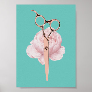 Stylistische Rose Goldschere & Blume Aquamariner S Poster