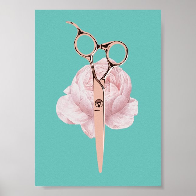 Stylistische Rose Goldschere & Blume Aquamariner S Poster (Vorne)