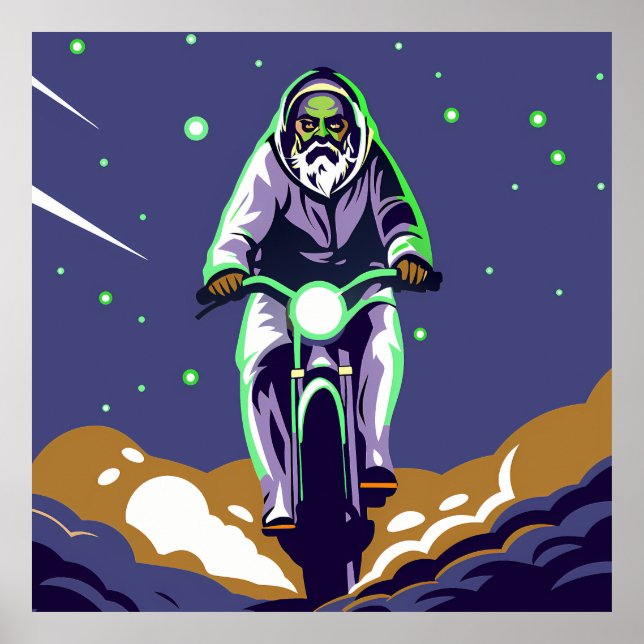 Stylized Bearded Figure Riding a Motorcycle Poster (Vorne)