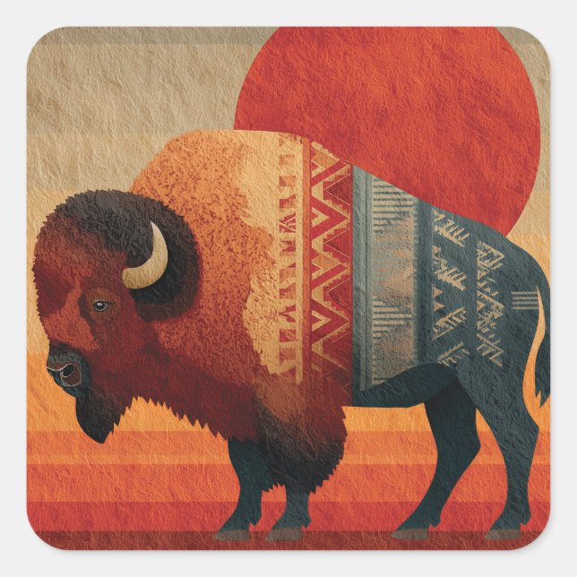 Stylized Bison with Native American Patterns  Quadratischer Aufkleber (Vorderseite)