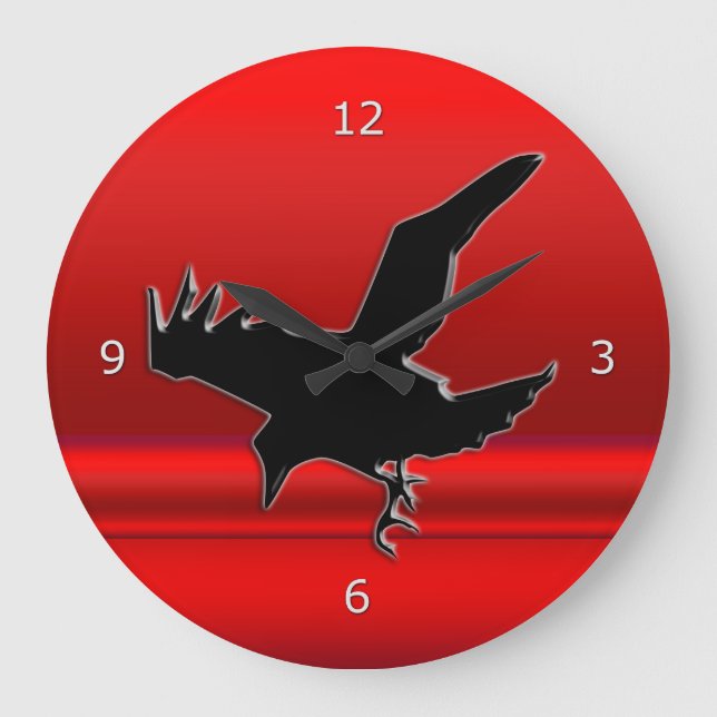 Stylized Black Flying Raven, red metallic effect Große Wanduhr (Vorderseite)