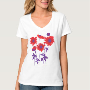 Stylized grafische zackige Mohnblumen rot u. lila T-Shirt