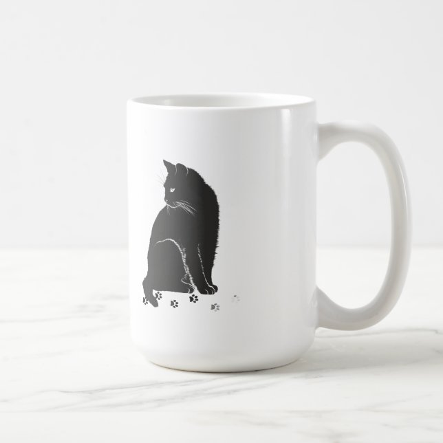 Stylized Grey Cat and Paw Prints Long-Sleeve Shirt Kaffeetasse (Rechts)