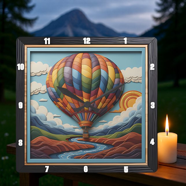Stylized Hot Air Balloon River Valley Quadratische Wanduhr (Von Creator hochgeladen)
