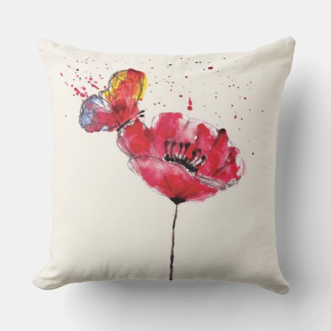 Stylized malte Watercolormohnblumen-Blume Kissen (Vorderseite)