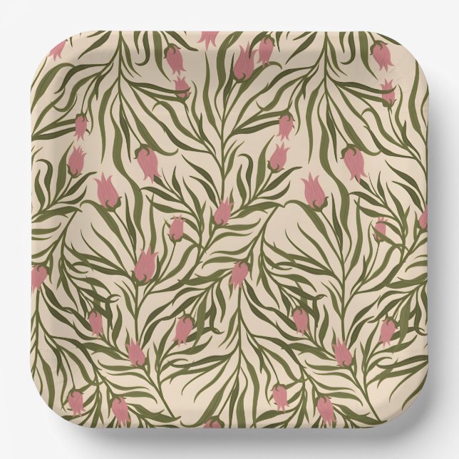 Stylized pink bell-shaped floral pattern pappteller (Vorderseite)