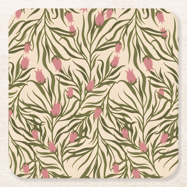 Stylized pink bell-shaped floral pattern rechteckiger pappuntersetzer (Vorderseite)