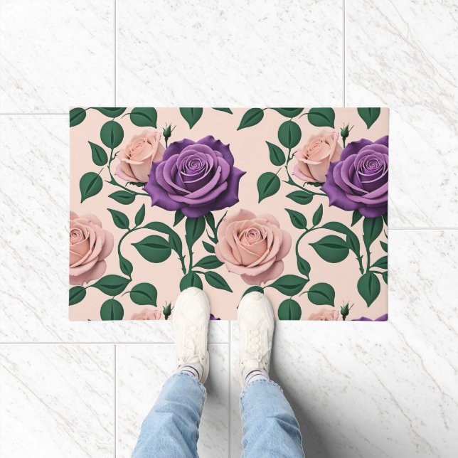 Stylized Purple Roses With Green Accents Fußmatte (Indoor)