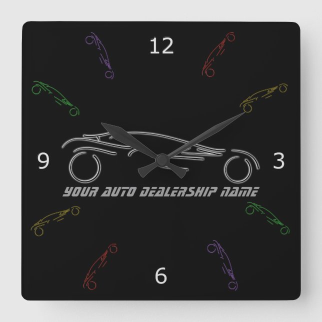 Stylized Sportscar - glowing neon auto shop design Quadratische Wanduhr (Vorderseite)
