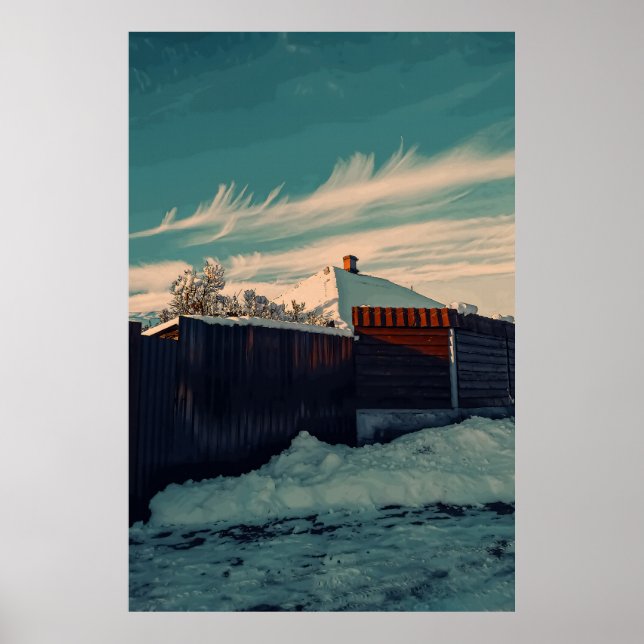 Stylized Winter Snow Teal Sky Landscape Art Poster (Vorne)