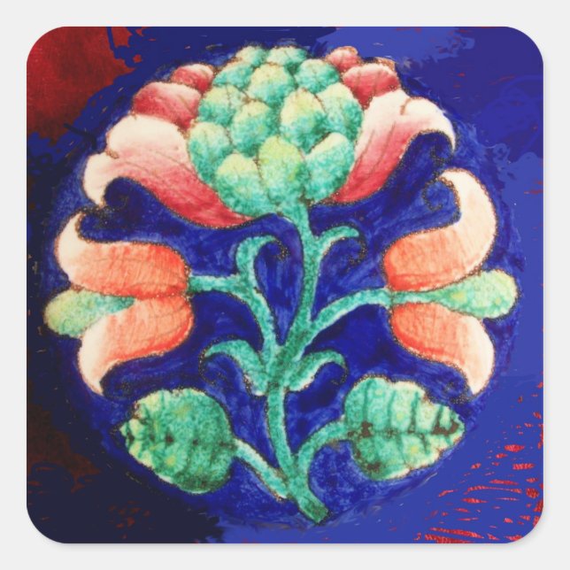 STYLIZIERTE BLUME / ROTES PINK GREEN BLUE FLORAL QUADRATISCHER AUFKLEBER (Vorderseite)
