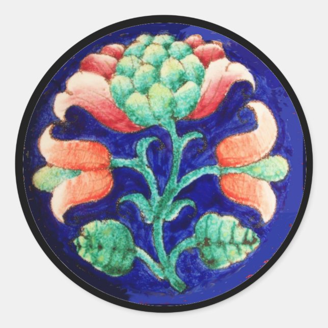 STYLIZIERTE BLUME / ROTES PINK GREEN BLUE FLORAL RUNDER AUFKLEBER (Vorderseite)