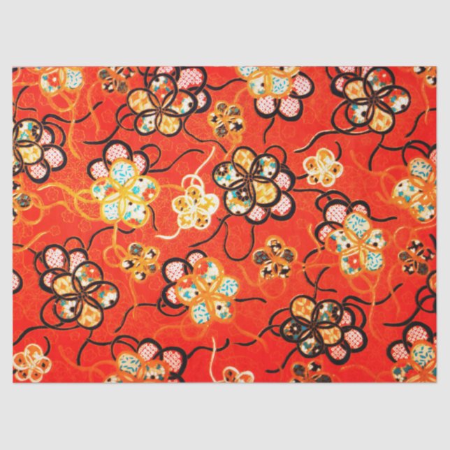 STYLIZIERTE BLUME, SCHWARZ-WEISSE RIBONS, HELL ROT SEIDENPAPIER (Vorderseite)