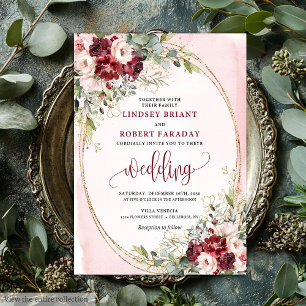 Stylvolle Boho-Burgunder-Rosa-Gold-Blumen-Einladun Einladung