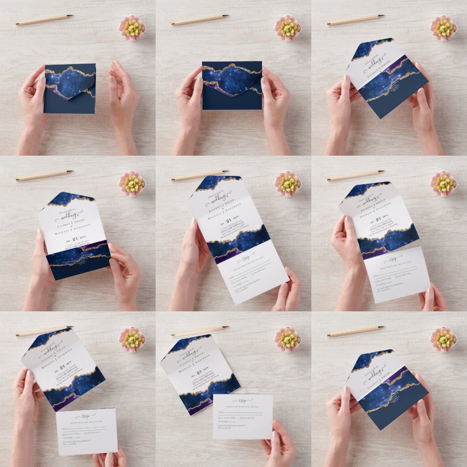 Sublime Agate Blue Gold WEDDING SUITE All In One Einladung