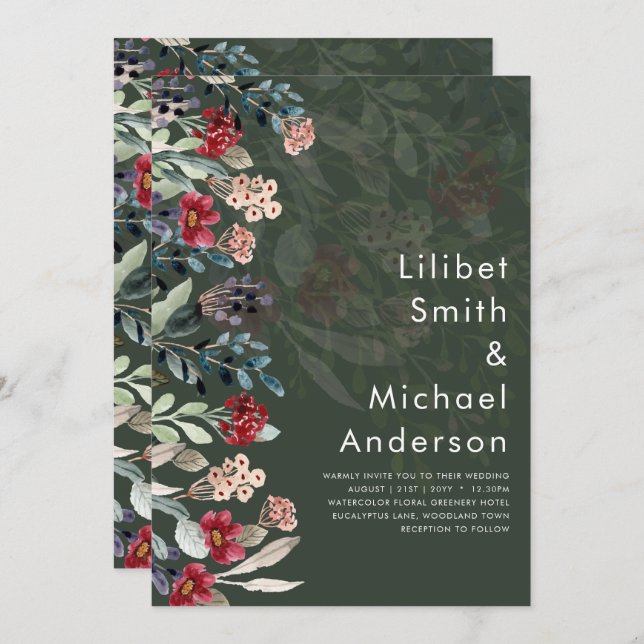 Sublime Burgundy Blue Wildblumen Wedding Elegant Einladung (Vorne/Hinten)