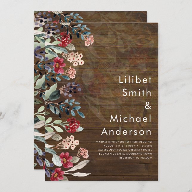 Sublime Burgundy Blue Wildblumen Wedding Elegant Einladung (Vorne/Hinten)