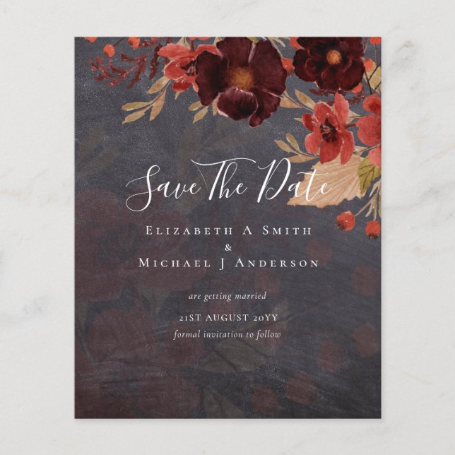 Sublime Burgundy Floral Wedding RETT DATES Budget Flyer (Vorne)