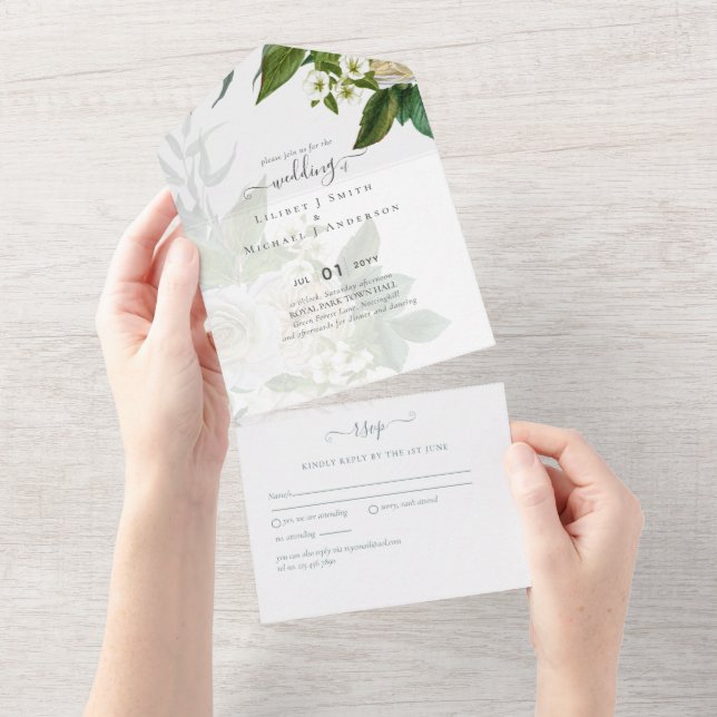 Sublime Dusty Blue und White Roses Wedding Suite All In One Einladung (Abreißen)