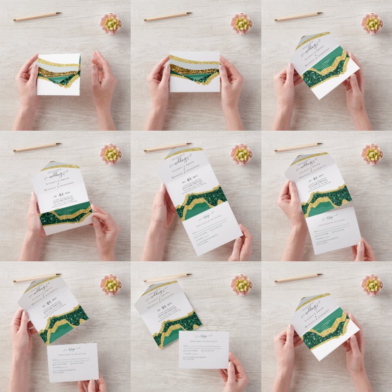 Sublime Emerald Green Gold Agate Wedding All In One Einladung