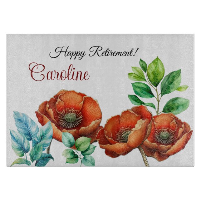 Sublime Watercolor Red Poppies Happy Retirement Schneidebrett (Vorderseite)