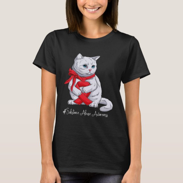 Substanzmissbrauch Aufklärung Monat Red Ribbon Cat T-Shirt (Vorderseite)