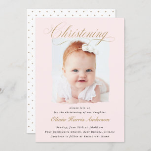 Subtile Cross Dusty Pink Script Christening Foto Einladung