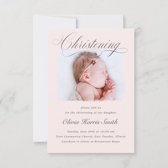Subtile Cross Dusty Pink Script Christening Foto I Einladung (Vorderseite)