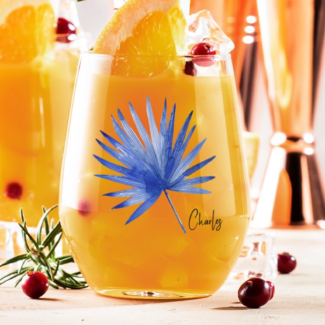 Subtile Elegante Name auf Cobalt Tropical Palm Lea Weinglas Ohne Stiel (Von Creator hochgeladen)