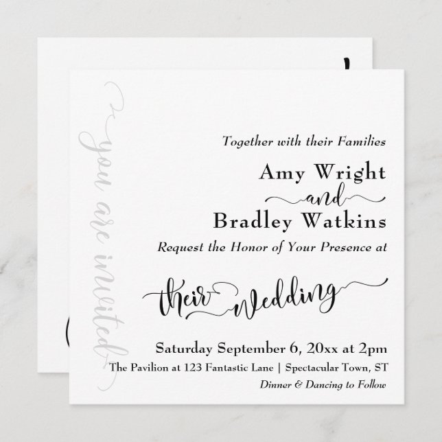Subtile Elegante Typografie Black on White Wedding Einladung (Vorne/Hinten)