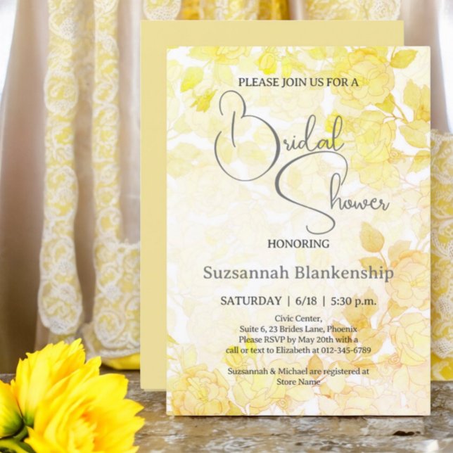 Subtile Pastel Floral Background Brautparty Einladung (Front & Back Design Examples for yellow floral bridal shower invitation.)