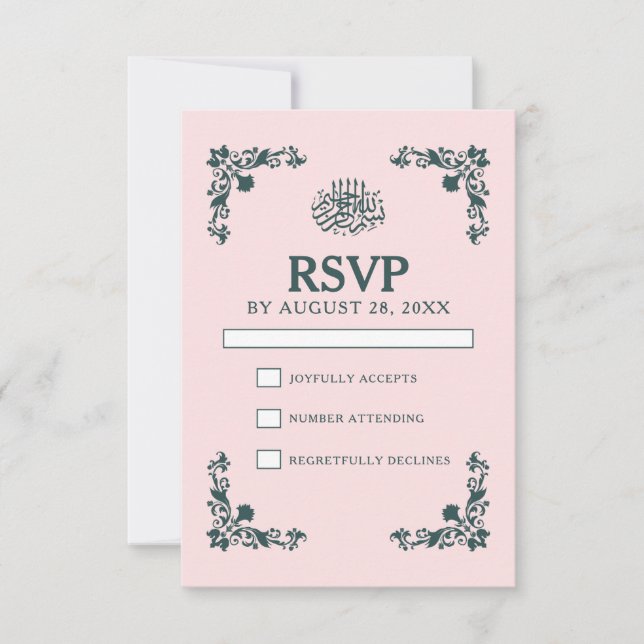 Subtle Blush & Slate Gray Islamic Wedding RSVP Karte (Vorderseite)