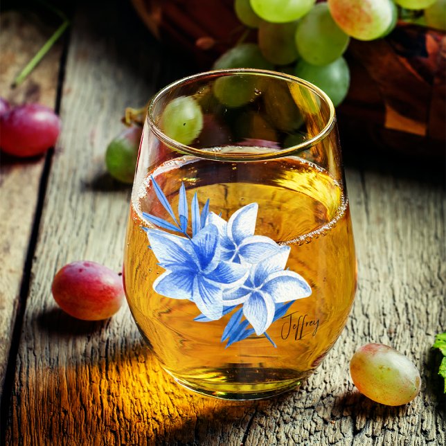 Subtle Eleganter Name, Cobalt Tropical Frangipanis Weinglas Ohne Stiel (Von Creator hochgeladen)