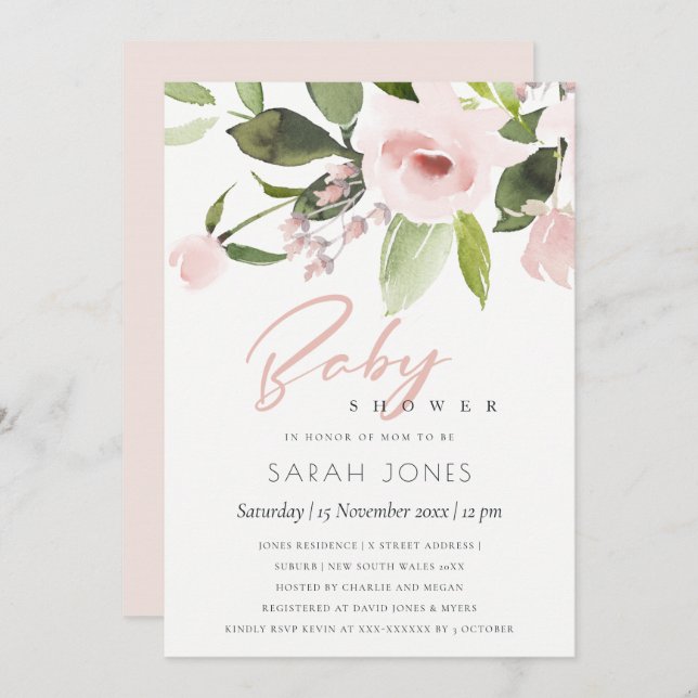 SUBTLE FARBWASH BLUSH PINK FLORAL BABY DUSCHE EINLADUNG (Vorne/Hinten)