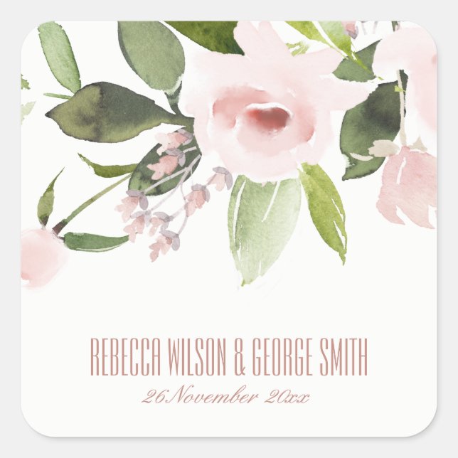 SUBTLE FARBWASH BLUSH PINK FLORAL BUNCH WEDD QUADRATISCHER AUFKLEBER (Vorderseite)