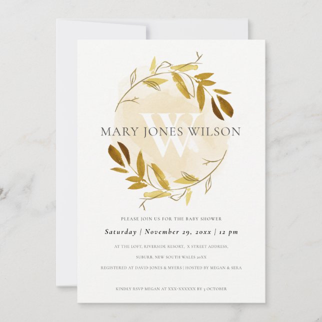 SUBTLE GOLD YELLOW FOLIAGE WREATH BABY SHOWCARD DANKESKARTE (Vorderseite)