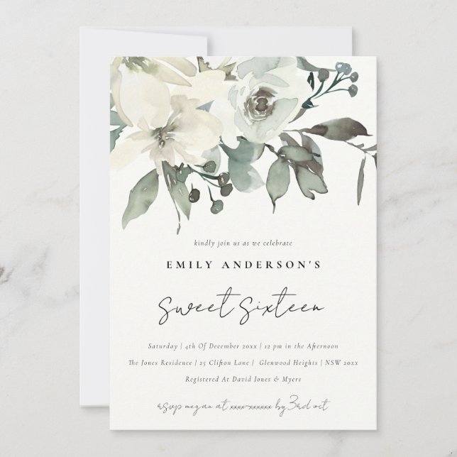 SUBTLE IVORY WHITE FLORAL BUNCH SWEET 16 GEBURTSTA EINLADUNG (Vorderseite)