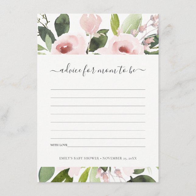 SUBTLE WASH BLUSH PINK FLORAL ADVICE BABY SHOWER BEGLEITKARTE (Vorderseite)
