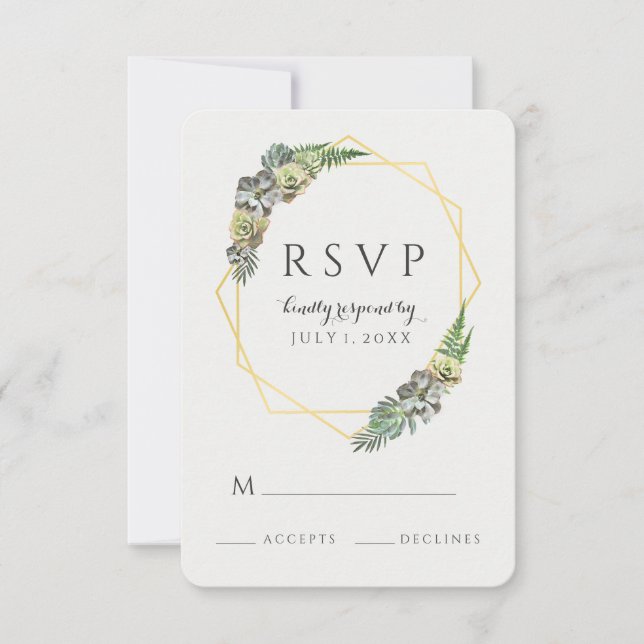 Succulent and Greenery Gold Geometric RSVP Karte (Vorderseite)
