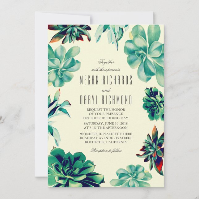 Succulent Bouquet - Aquamarine Hochzeit mit Blumen Einladung (Vorderseite)
