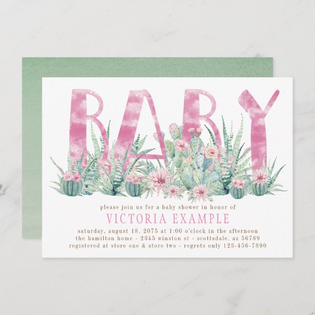 Succulent Cactus Watercolor Baby Girl Shower Einladung (Vorne/Hinten)