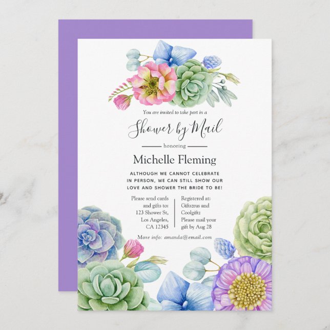 Succulent floral Bridal oder Baby Show by Mail Einladung (Vorne/Hinten)
