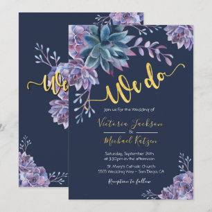 Succulent Gold Navy Watercolor Einladungen für Hoc