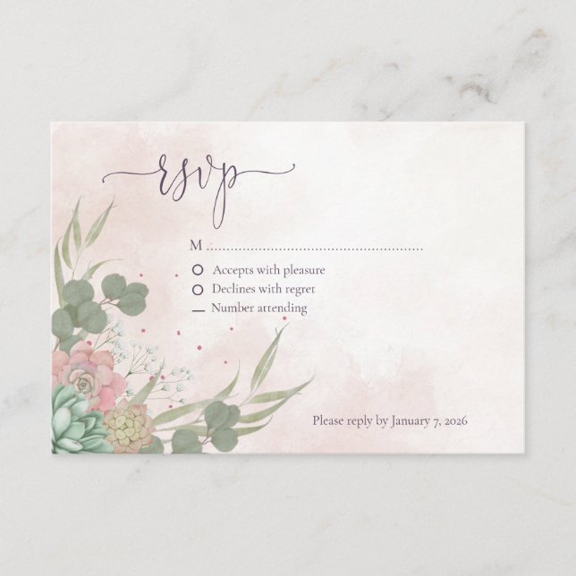 Succulent Green and Blush Reply Card Begleitkarte (Vorderseite)