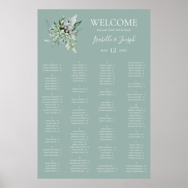 Succulent Greenerity Sage Alphabetische Sitzkarte Poster (Vorne)