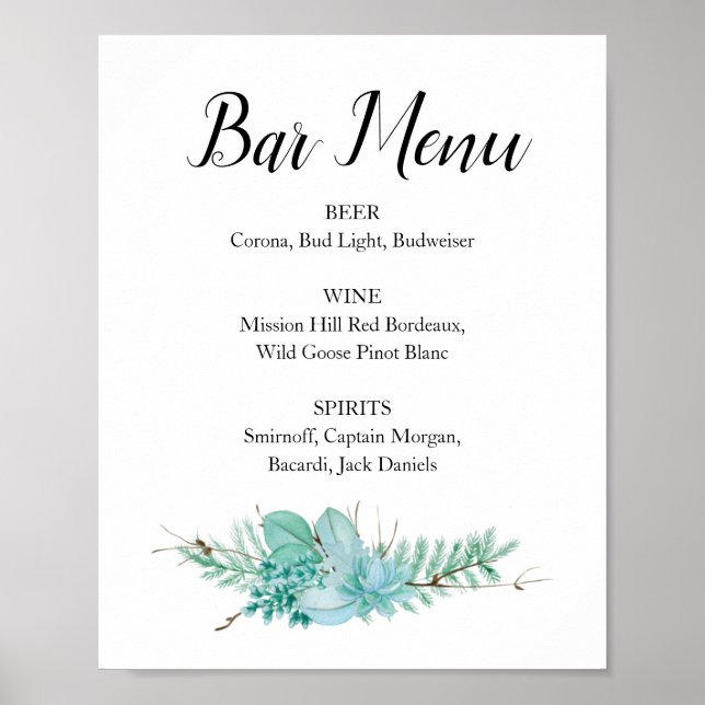 Succulent Greenerity Wedding Bar Menu Drink Zeiche Poster (Vorne)